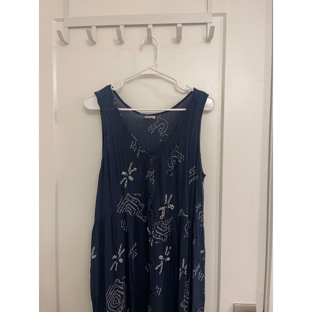 Vintage Hippie Boho Blue Ocean Maxi Dress Front Button Indie